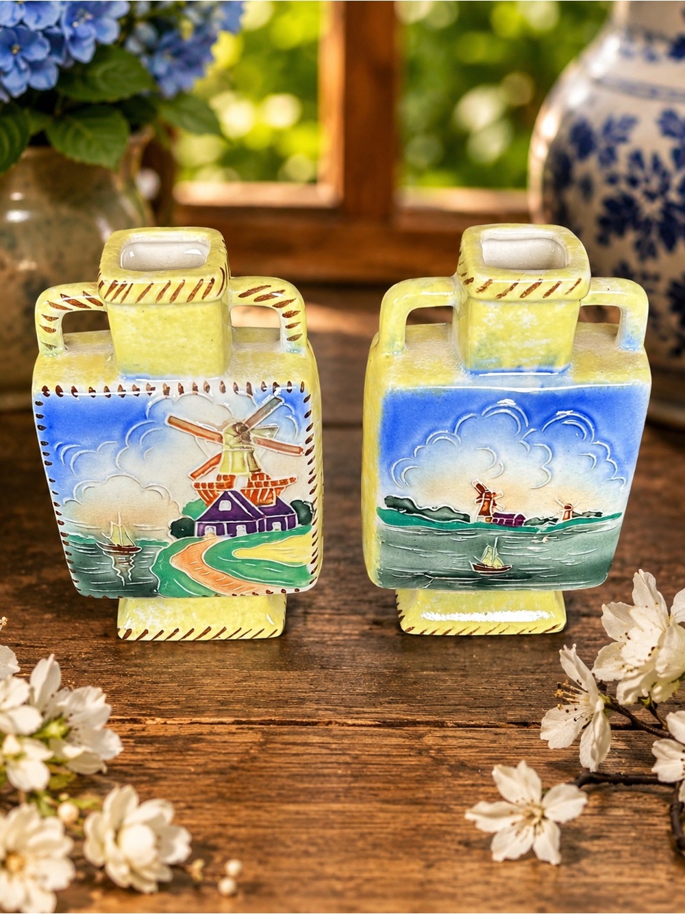 Vintage PY Ucagco Dutch Windmill Vases Hand Painted Blue Yellow Scenic Pottery